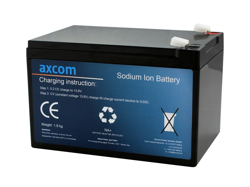 Axcom sodium ion battery 12V 13.5Ah with 6.3mm plug contacts
