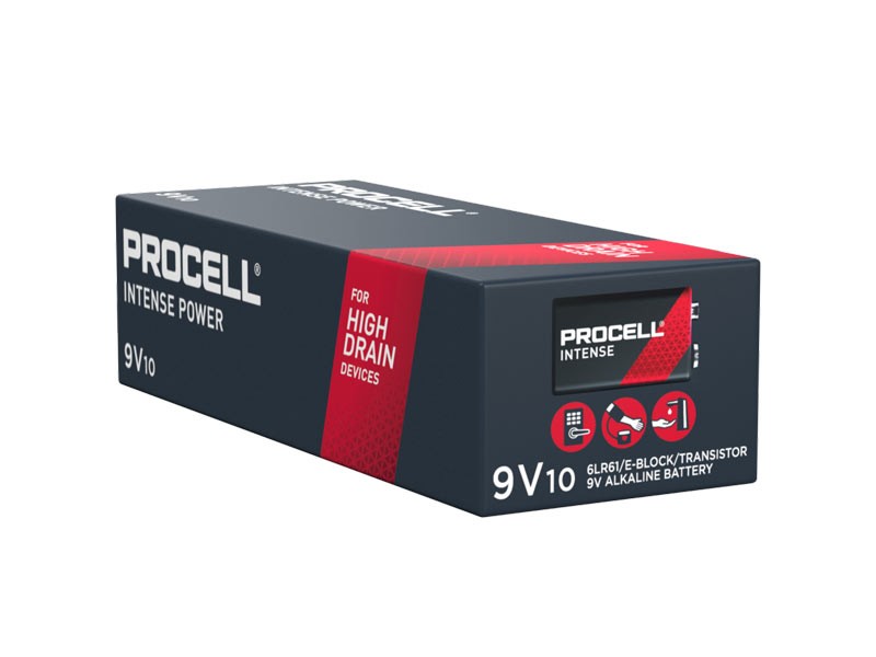 Pack of 10 batteries, Procell Intense, 9V Block, 6LR61 Pack of 10 batteries, Procell Intense, 9V Block, 6LR61