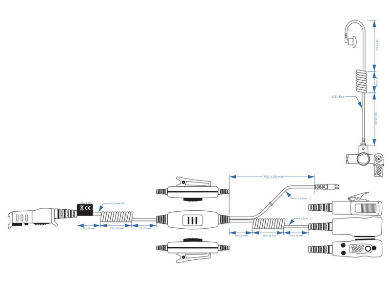 Sound tube headset for Motorola, technical sketch