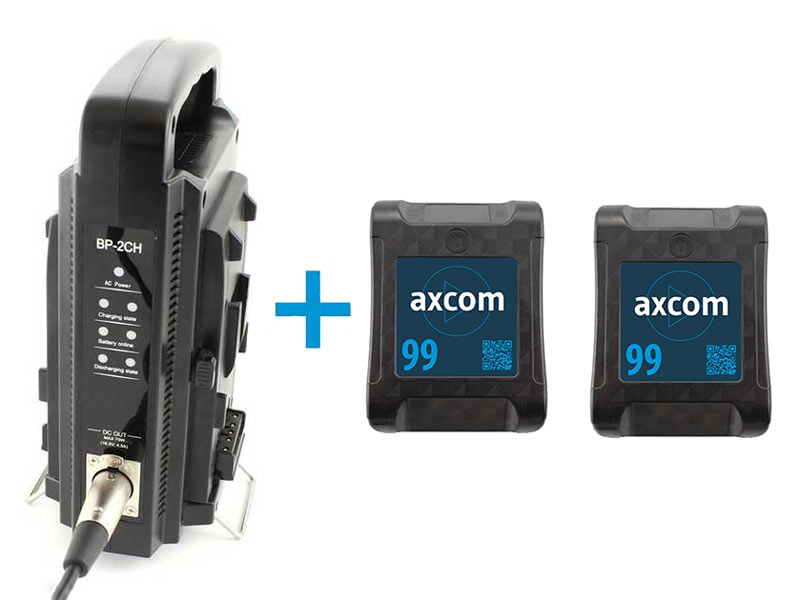 Bundle of 2 V-mount batteries (U-CSVLO-99-UD) and charger (SM-CPVM-2)
