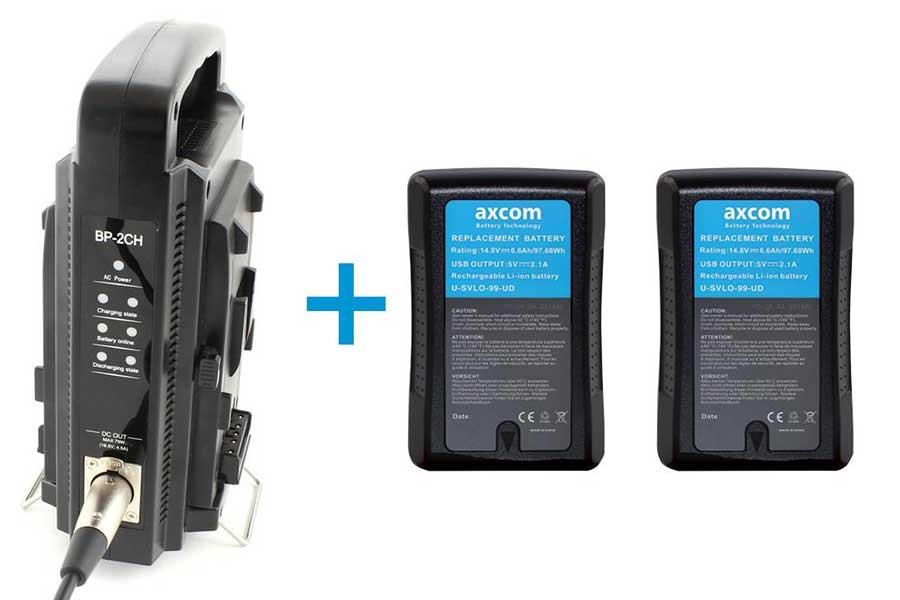 Bundle of 2 V-mount batteries (U-CSVLO-99-UD) and charger (SM-CPVM-2) Bundle of 2 V-mount batteries (U-CSVLO-99-UD) and charger (SM-CPVM-2)