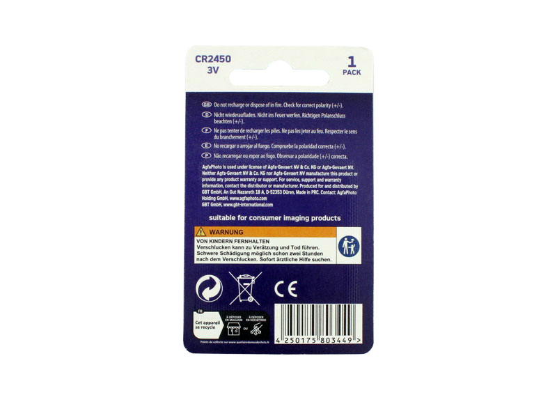 Li-Me Batterie Knopfzelle CR2450/DL2450/ECR2450 - 3V/ 580 mAh (VPE12)