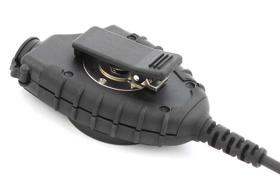 Speaker microphone for Motorola two-way radios, detailed view of clip with 8 notches Speaker microphone for Motorola two-way radios, detailed view of clip with 8 notches