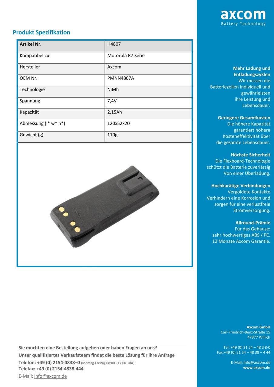 Li-Ion battery for Motorola R7, R7A with Impres Technology - 7.4V 2.15Ah